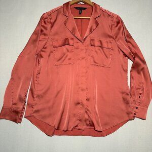 Designer White House Black Market Satin Utility Blouse • M • Coral / Salmon